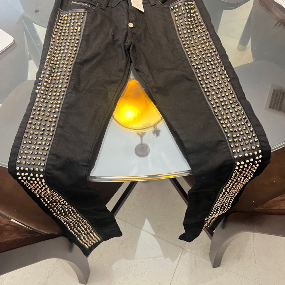 Philipp Plein Black Jeans with Gold Panther Detail